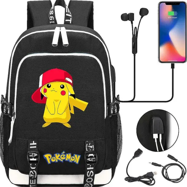 Pikachu Pokemon Rucksack Mit Usb - Ideal Fur Laptops Und Fur Die Schule