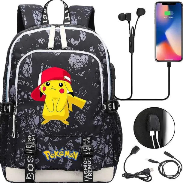 Pikachu Pokemon Rucksack Mit Usb - Ideal Fur Laptops Und Fur Die Schule